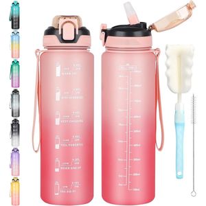 waterfles 1L Drinking Bottle with Straw, Water Bottle, Dishwasher Safe, Leak-Proof Sports Water Bottle with Time Marking for Bottle Brush, Non-Toxic for Running, Cycling, Gym, School, Office