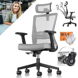 KESSER® Bureaustoel | Ergonomische Bureaustoelen voor Volwassenen | verstelbare rugleuning | in hoogte verstelbaar | Hoofdsteun & Lendensteun | office Chair met 5x rubberen wielen - Grijs