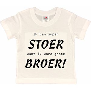Shirt Aankondiging zwangerschap Ik ben super Stoer want ik word grote BROER | korte mouw | wit/zwart | maat 122/128 zwangerschap aankondiging bekendmaking