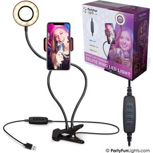 PartyFunLights - Selfie Ringlamp met flexibele klem - LED - met telefoonhouder - USB - diameter 9 cm