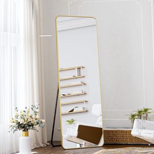 Staande spiegel met afgeronde hoeken, 40 x 150 cm full-body spiegel met standaard, grote vloerspiegel, volledige spiegel, wandhanger voor slaapkamer, woonkamer, goud