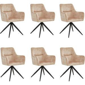 Colenis® - Tess Eetkamerstoel - Set Van 6 - Beige - Adoré Velvet - Met armleuning