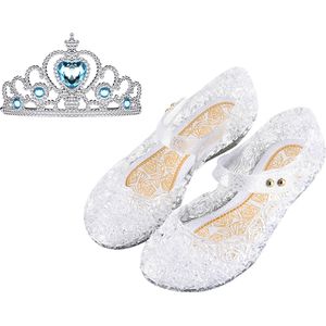 Prinsessenschoenen klittenband + kroon (tiara) - zilver - maat 30/31 - vallen 1-2 maten kleiner - Het Betere Merk - verkleedschoenen prinses - prinsessen schoenen plastic - Giftset voor bij je Prinsessenjurk - binnenzool 18,5 cm