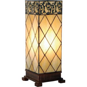 HAES DECO - Tiffany Tafellamp 18x45 cm Beige Bruin Glas Vierkant Tiffany Bureaulamp Tiffany Lampen Glas in Lood