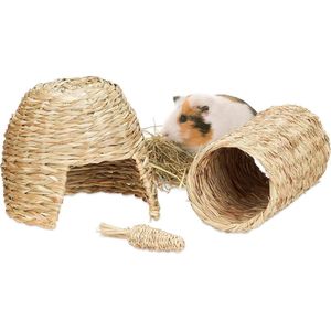 Relaxdays Knaagdier speelgoed - set van 3 - grashuis - konijnen tunnel - cavia speeltje