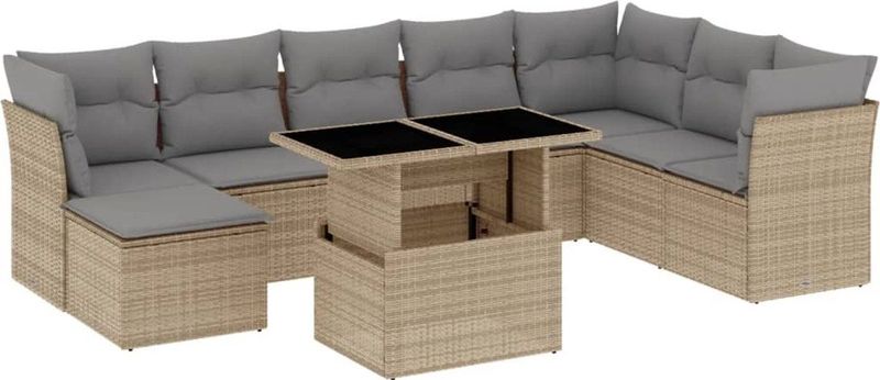 vidaXL - 9-delige - Loungeset - met - kussens - poly - rattan - beige