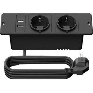 StayPowered Inbouw Stekkerdoos - Slim en Praktisch voor Elke Werkruimte - 2 Stopcontacten - 2 USB-Poorten - 3680W Vermogen - 2m Kabel - Eenvoudige Installatie - Ideaal voor Meubels - Zwart - Levering Sneller dan Aangegeven!