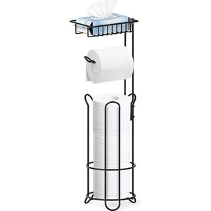 Staande toiletpapierhouder, dispenser voor 3 rollen met houder voor vochtige doekjes, metalen toiletpapierhouder, badkameraccessoires, toiletpapieropslag, zwart.