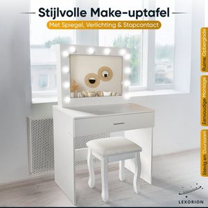 Elegante Witte Make-up Tafel met LED Verlichting - Kaptafel, Eenvoudige Montage, Verstelbare Verlichting en Ruime Opbergruimte!