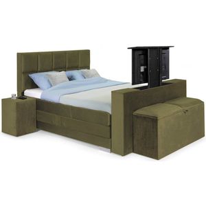 Sweet Sleep Elektrische Boxspring compleet - 120x190 - Incl. 2 Hockers, TV-Lift, Bedbank met opbergruimte & 8-Vlaks Hoofdbord – Monolith Groen