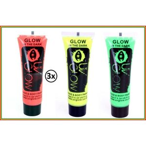 3x Face & body paint 10 ml glow in the dark Carnaval