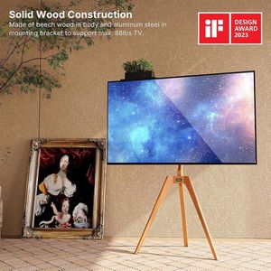 Hoogwaardige tv-standaard met houten ezel, verstelbare tv-statief voor 45-65 inch LED LCD-scherm, draaibare tv-standaard op de vloer met tv-plank aan de bovenkant en magnetisch verborgen kabelbeheer, maximale belasting 88 pond, beukenhout, wit-9W