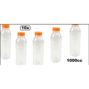 10x Flesje helder 1000cc met oranje dop - drink fles vruchten sap limonade drank