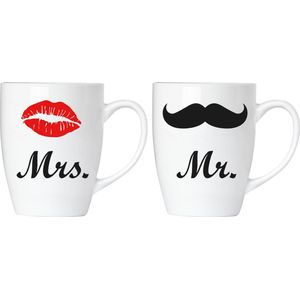 BRUBAKER Mr. & Mrs. Mokken set - Keramische koffiekopjes - 2 koffiebekers 300 ml - Koffiemokken - Huwelijkscadeau met wenskaart en geschenkverpakking