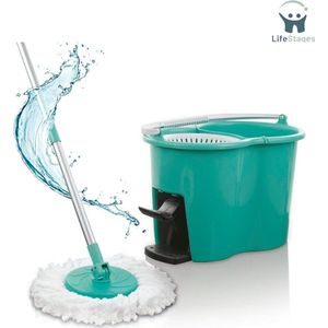 LifeStages - Dwijl en Emmer Set - Power-dweilmop Speciale Emmer - Twee-kamer Filtersysteem - Vuilwaterfilter - Gemakkelijk Uitwringen - Ontworpen in Duitsland - Turkoois