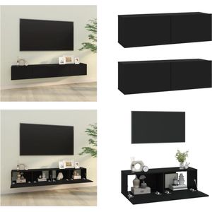 vidaXL Tv-wandmeubels 2 st 100x30x30 cm bewerkt hout zwart - Tv-kast - Tv-kasten - Tv-meubel - Tv-meubel Met LED-verlichting
