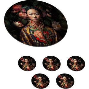 Onderzetters voor glazen - Rond - Vrouw - Asian - Kimono - Bloemen - Portret - 10x10 cm - Glasonderzetters - 6 stuks