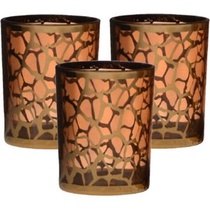 3x stuks theelicht/waxinelichthouders giraffe print glas goud 12.5 x 10 cm - Giraffe motief - Windlichtjes/kaarsenhouders