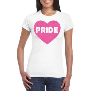 Bellatio Decorations Gay Pride T-shirt voor dames - pride - roze glitter hartje - wit - LHBTI XS