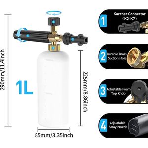 Foam Gun Instelbare Sneeuw Schuimlans, 1l SchuimKanon Hogedrukreiniger Schuimmondstuk Schuimpistool Zeepdispenser Pot Snow Foam Lance voor Karcher K Serie K2/ K3/ K4/ K6/ K7 Autowas Foam gun