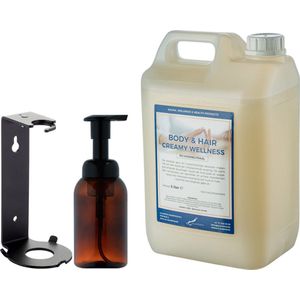 Zeepdispenser 300 ml amber bruin hervulbaar + 5 liter Body & Hair Creamy Wellness navulling (inclusief beugel)