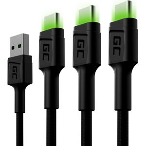 3x GC Ray USB-C 200cm kabel met groen LED verlichting, fast charging Ultra Charge, QC 3.0.