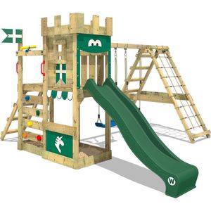 WICKEY speeltoestel ridderkasteel DragonFlyer met schommel & groene glijbaan, outdoor kinderklimtoren met zandbak, ladder & speelaccessoires voor de tuin