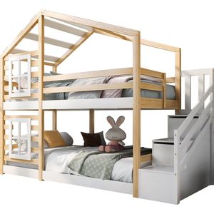 Merax Houten Stapelbed 90x200 - Bed voor Kinderen - Huisbed met Ramen en Trap - Bruin met Wit