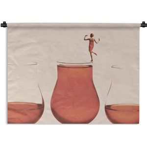 Wandkleed - Wanddoek - Vrouw - Wijn - Wijnglas - Vintage - 120x90 cm - Wandtapijt