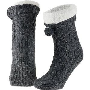 Apollo - Dames Huissokken met bontkraag - Glitter - Donker Grijs - Maat 36/41 - Fluffy sokken - Slofsokken anti slip - Anti slip sokken - Warme sokken - Winter sokken