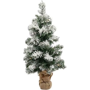 Kerstboom met sneeuw in jute zak H60cm met 20led (incl.knoopcel)