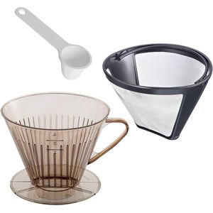 3-delig koffieset permanent filter maat 4 - maatschepje - roestvrij staal-kunststof - koffie helder-wit-zilver-zwart