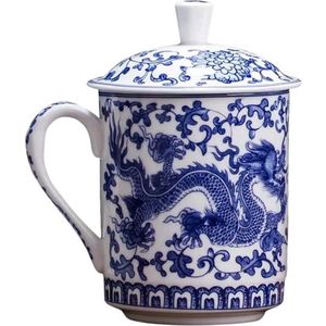 Blauwe Draak Thee Mok met Deksel - Porseleinen Aziatische Theekopjes voor Koffie, Thee, Latte en Cappuccino - Vintage Theekopje - Set van 2