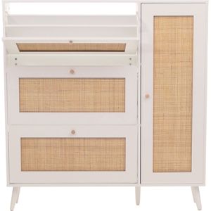 Rotan schoenenkieper MCW-M37, schoenenrek schoenenkast, 3 kantelbare vakken 2 planken 127x120x24cm hout melamine ~ wit
