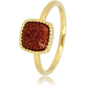 My Bendel - Gouden ring met vierkanten Gold Sandstone edelsteen - Opvallende zegelring met sprankelende Gold Sandstone edelsteen - Met luxe cadeauverpakking