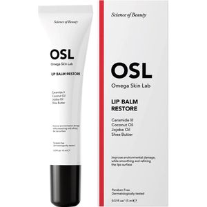 OSL Omega Skin Lab lippenbalsem voor droge, gesprongen en beschadigde lippen - zonder parabenen, dermatologisch getest, met ceramide 3, kokosolie, jojobaolie en sheaboter - 15 ml