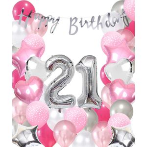 Snoes Ballonnen 21 Jaar Pink Blush Silver Mega Ballon - Compleet Feestpakket 21 Jaar - Verjaardag Versiering Slinger Happy Birthday – Folieballon – Latex Ballonnen - Helium Ballonnen - Zilver en Roze Verjaardag Decoratie