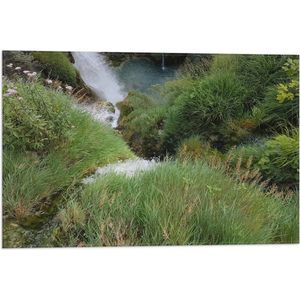 WallClassics - Vlag - Waterval tussen Gras - 60x40 cm Foto op Polyester Vlag