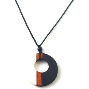 NiSy.nl High-End karakteristiek Hout + Hars ketting | Retro Cirkel Hanger | Rondje Zwart en Wit