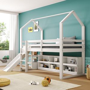 Sweiko Kinderbed, Eenpersoonsbed, 90x00cm, met Schuiftrap Kastrek, Huisstijl, Multifunctioneel bed, geen matras, massief hout+MDF, Wit