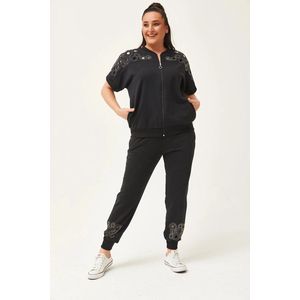 Dames Grote Maat 2XL Kortmouw Transparante Snit Steen Bedrukte Zwart Trainingspak - XXL Tracksuit Fitnesstrainingspakken