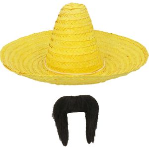 Carnaval verkleed set - Mexicaanse sombrero hoed dia 49 cm met plaksnor - geel - heren