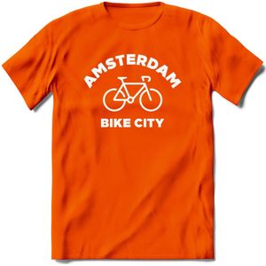 Amsterdam Bike City T-Shirt | Souvenirs Holland Kleding | Dames / Heren / Unisex Koningsdag shirt | Grappig Nederland Fiets Land Cadeau | - Oranje - 3XL