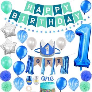 Bollabon® - Eerste Verjaardag Jongen - Folieballon 1 - Ballonnen 1 Jaar - 1 Jaar Versiering - Verjaardagskroon - Eerste Verjaardag Decoratie - Slinger One - Taarttopper 1 Jaar - 1e Verjaardag Versiering Jongen