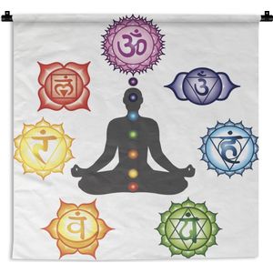 Wandkleed De Zeven Chakra's - Zeven chakra's rond een mediterend silhouet Wandkleed katoen 90x90 cm - Wandtapijt met foto