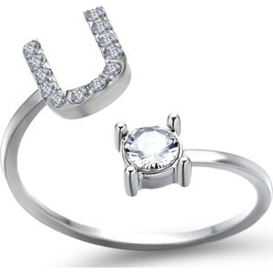 Ring met letter U - Ring met steen - Aanschuifring - Zilver kleurig - Ring Zilver dames - Cadeau voor vriendin - Vrouw - Sieraad meisje - Mooie ring tieners - Alfabet ring U - Ring met initiaal