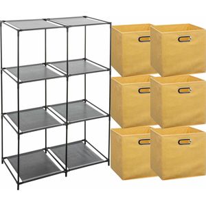 5Five Kastmandjes/opberg manden - geel - 6x stuks van 29L - Metalen rekje is 68 x 98 cm