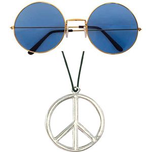 Widmann - Hippie Flower Power verkleed set peace ketting en ronde blauwe glazen party bril