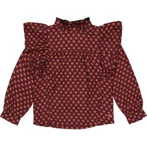 Quapi Blouse ALEXIA met All Over Print en Ruches Wijnrood/Zwart