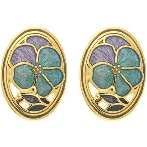 Behave Dames oorbel steker ovaal met bloem blauw emaille